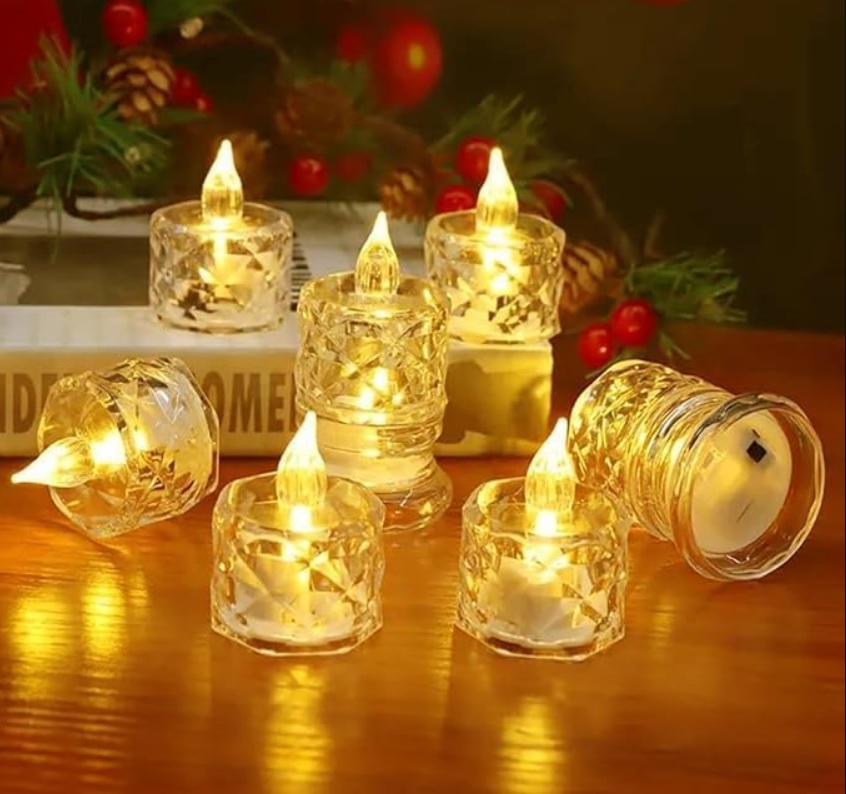 LED Crystal Shape Tea Light Candles | Flameless & Smokeless Diya | Decorative Acrylic Candle | Home Decor, Diwali Decoration Item, Dhanteras, Room, Table, Pooja Room Decor (Yellow)